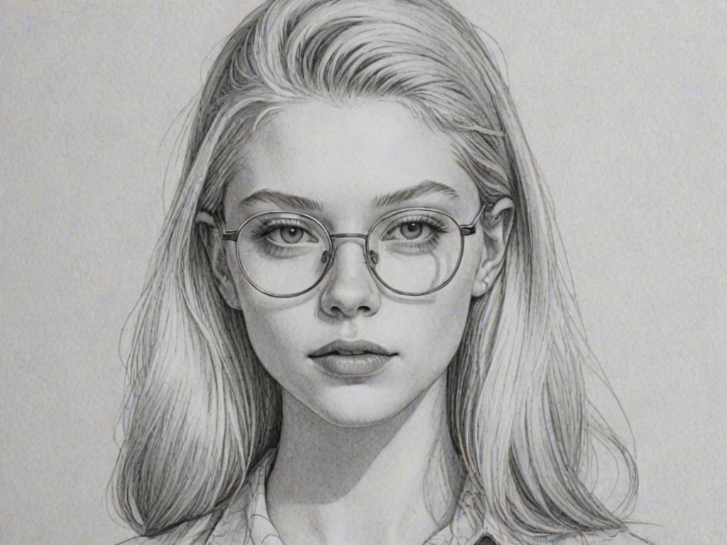 Exquisite Hunter Schafer, pencil sketch, portrait of Gorgeous woman 1959s in glasses, hair style beatnik, outline, clear lines, fine lines, 8k