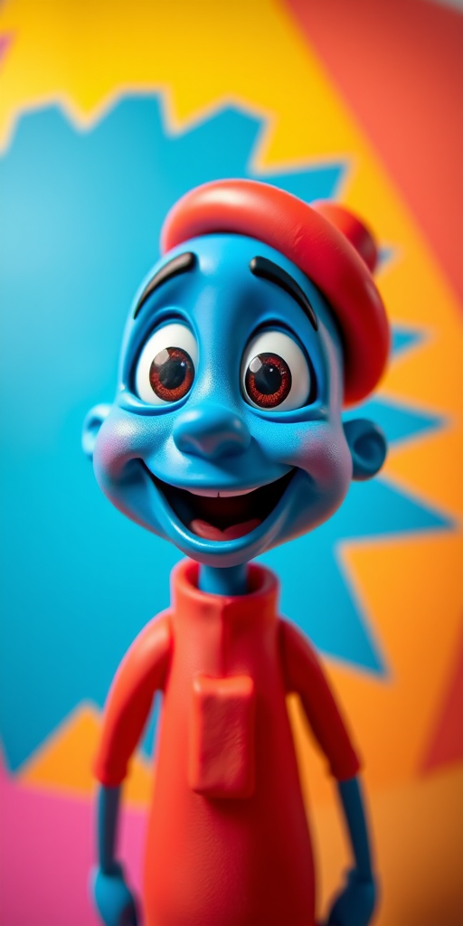 create a colorful cartoon character with a blue face and red hat speaking, using a vibrant background with geometric shapes, capture with a DSLR camera at f/8 aperture, ISO 100, 35mm lens, in a bright studio setting, with a slight fish-eye effect for an exaggerated perspective