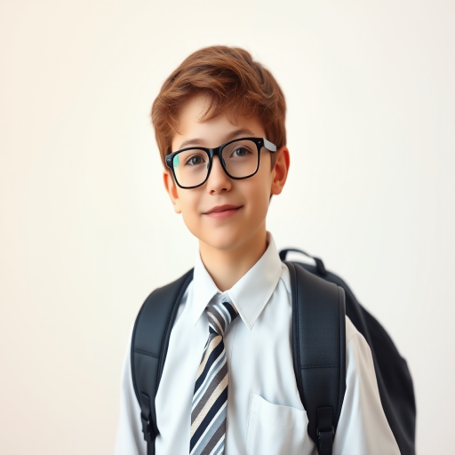 Create a portrait of a young boy with brown hair and glasses, wearing a white shirt and a striped tie, standing confidently with a backpack on his shoulders against a soft gradient background, shot with a Canon EOS R5, 50mm lens, aperture f/1.8, ISO 100, in natural light to enhance image quality.
