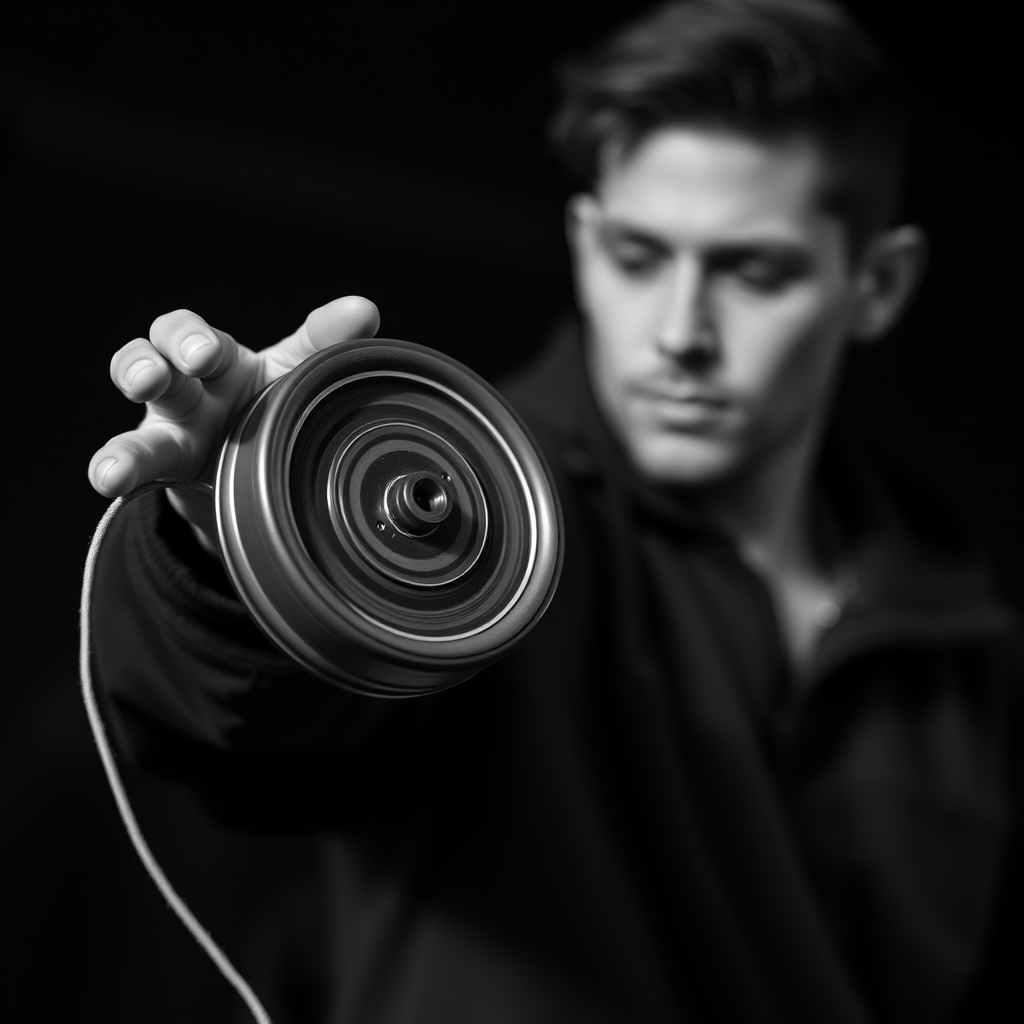 Capture a high-contrast black and white image of a performer skillfully manipulating a yoyo, using a Canon EOS R5 with a 50mm f/1.2 lens, aperture set to f/2.8, ISO 100, and a shutter speed of 1/500 sec, with a shallow depth of field and a soft focus background.