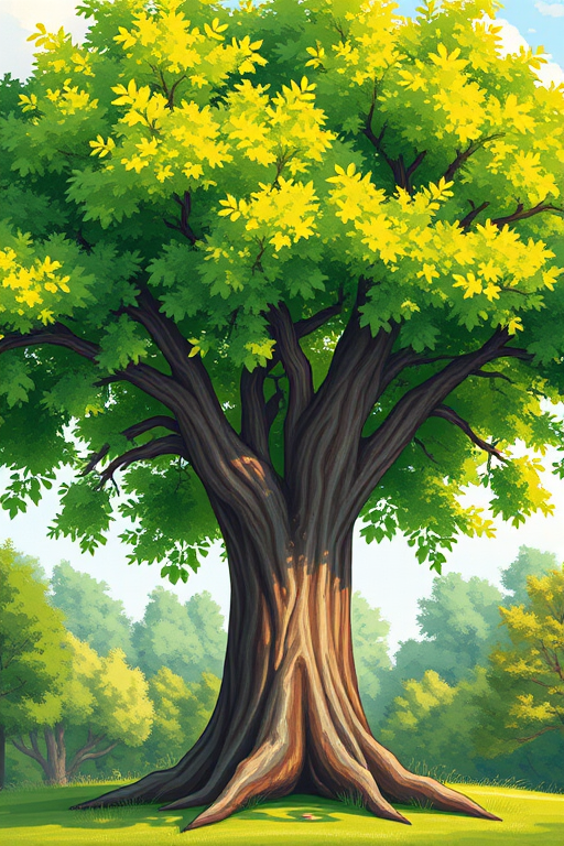 create an illustration of a lush green tree with a thick trunk, using a high-resolution digital art style, front view, vibrant colors, camera settings ISO 100, aperture f/8, shutter speed 1/125s, 24mm lens, in bright daylight conditions