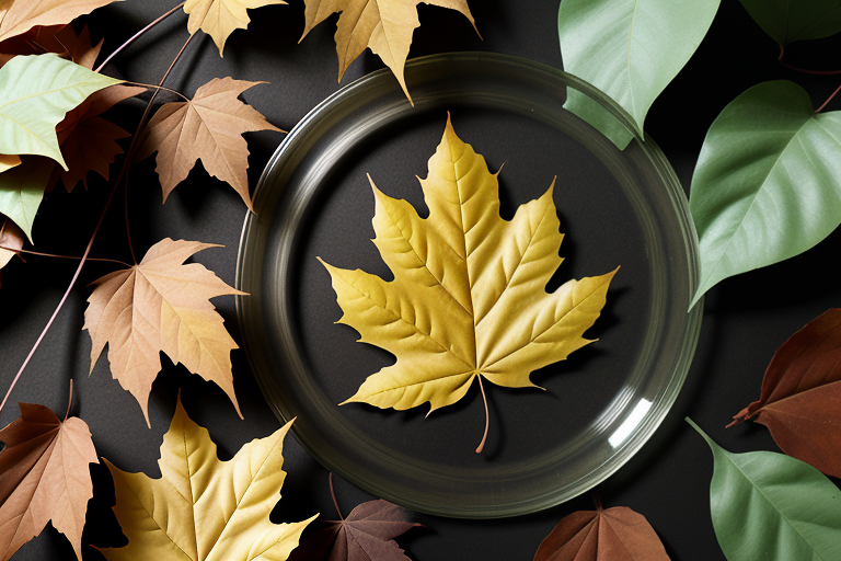 Autumn Leaves Displayed Elegantly on a Dark Background with Glass Plate