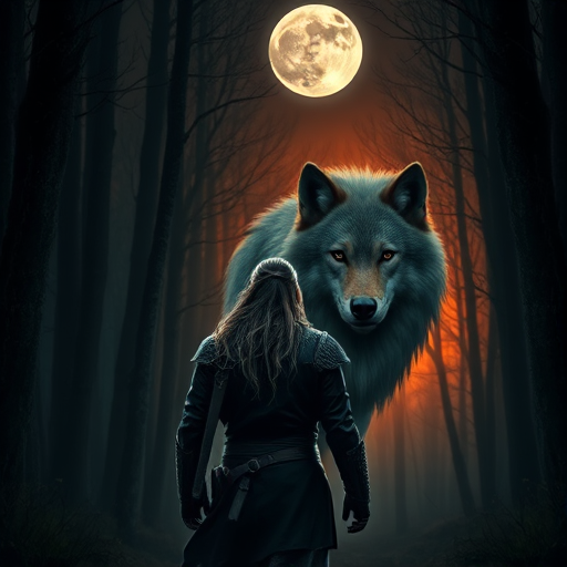 A dark fantasy forest scene featuring a powerful warrior with long hair and a black leather coat standing in front of a majestic wolf, full moon overhead, shallow depth of field, ISO 100, f/2.8 aperture, 85mm lens, sunset lighting, high resolution DSLR.