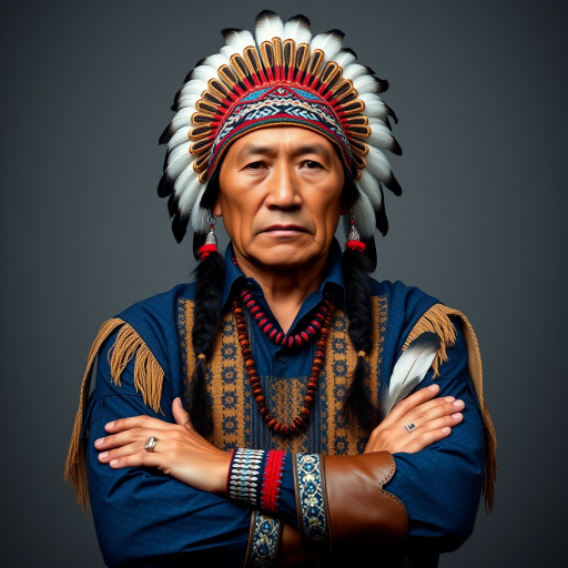 Create a dignified portrait of a Native American man dressed in traditional attire. He wears a beautifully crafted headdress adorned with white feathers and red beads, along with a beaded headband featuring intricate patterns. His clothing includes a deep blue, patterned shirt and a traditional chest piece with detailed beadwork. His arms are crossed, displaying leather armbands decorated with feathers. The background is simple and neutral, emphasizing his proud and stoic expression. The overall image captures the rich cultural heritage and strength of his persona.