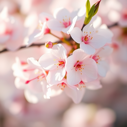 Close-up of cherry blossoms in soft focus, natural light, shallow depth of field, f/2.8, ISO 100, 50mm lens, DSLR camera, pastel colors with bokeh effect and subtle overlays, dreamy and ethereal aesthetic.