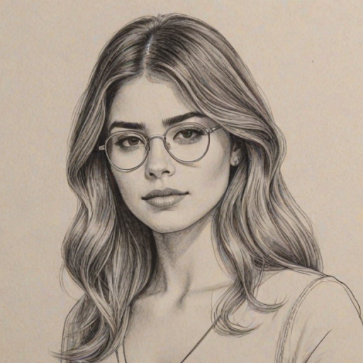Stunning Sofia Reyes, pencil sketch, portrait of Comely woman 1975s in glasses, hair style beatnik, outline, clear lines, fine lines, 8k