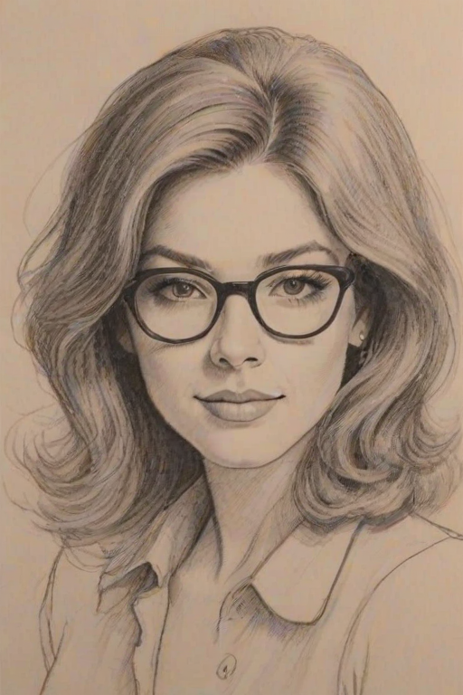 Charming Jillian Rose Reed, pencil sketch, portrait of Resplendent woman 1977s in glasses, hair style beatnik, outline, clear lines, fine lines, 8k