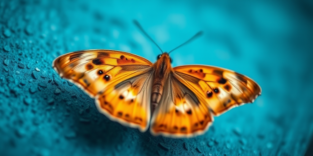 butterfly on a textured blue background, soft focus, macro lens, f/2.8 aperture, 1/200s shutter speed, ISO 100, natural light setting, DSLR camera