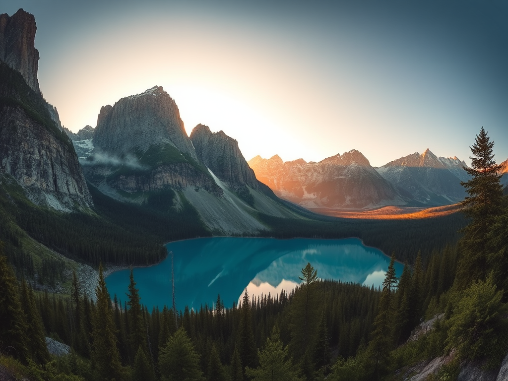Regenerate a high-resolution fantasy landscape with towering rugged mountains and a serene lake surrounded by lush greenery during golden hour, captured with a Canon EOS R5, 24mm lens, f/8 aperture, ISO 100, and a panoramic wide-angle view to enhance depth and detail.