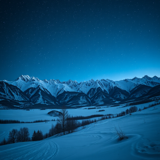 winter landscape with mountains and a starry sky at dawn, ISO 100, f/8, 30s exposure, wide-angle lens, high dynamic range, DSLR