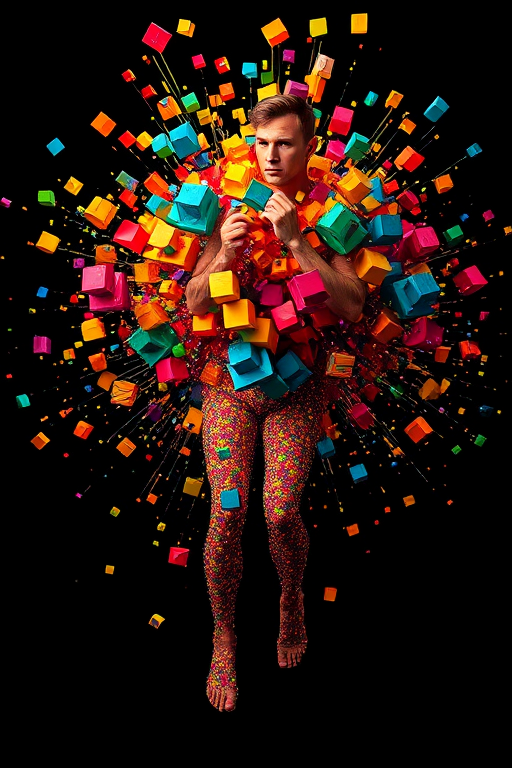 Create an image of a human figure composed of colorful 3D cubes exploding outward with a sense of motion and energy, shot with a Canon EOS R5 at f/8, ISO 100, 1/200s, using a wide-angle lens from a low-angle perspective in high dynamic range.