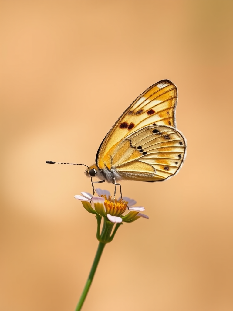 Generate an image of a butterfly perched delicately on a small flower. The butterfly has intricate patterns with shades of yellow and black spots. The background is softly blurred, featuring natural colors that enhance the focus on the butterfly and flower.