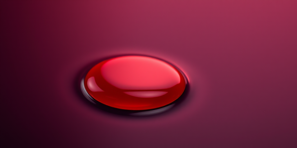 Generate a hyper-realistic image of a single red drop of liquid with a glossy finish, captured with a Canon EOS R5 camera, 85mm lens, aperture f/1.4, ISO 100, at a 45-degree angle to highlight reflections and shadows.