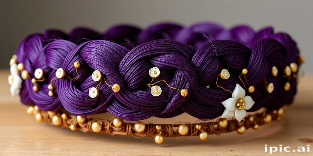 Regal deep purple crown braid called "Royal Plait" interwoven with delicate gold threads and adorned with miniature floral embellishments