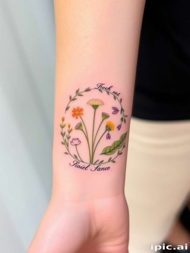 Delicate botanical tattoo featuring pressed flowers and leaves in soft pastel hues, arranged in a circular wreath design around the wrist, with scientific names etched in elegant script