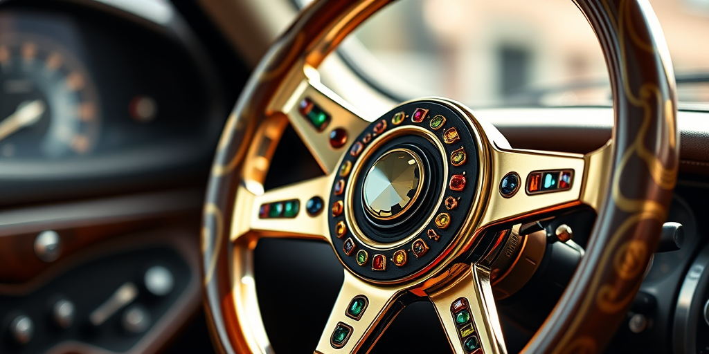 Create a high-resolution illustration of an ornate golden steering wheel with colorful gems inlaid, using a DSLR camera at 50mm f/1.8, ISO 100, with soft natural lighting and a shallow depth of field to emphasize the intricate details and textures.