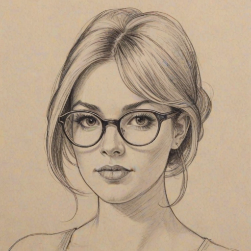 Attractive Dominique Fishback, pencil sketch, portrait of Fetching woman 1967s in glasses, hair style beatnik, outline, clear lines, fine lines, 8k