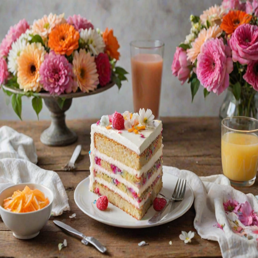 Create an image of a beautifully layered cake with a light frosting, decorated with fresh flowers. Include a slice of the cake on a white plate, showcasing the colorful layers inside. In the background, place a glass of refreshing juice and a soft, light-colored cloth on a rustic wooden table. The setting should have a calm and inviting atmosphere.