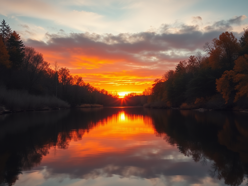 Generate a serene landscape at sunset with vibrant orange and yellow hues reflecting in a calm lake surrounded by autumn trees, taken with a Canon EOS R5, 24mm lens, f/8 aperture, ISO 100, 1/125s shutter speed, shot from a low angle to capture the reflective quality of the water.