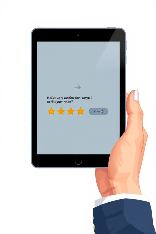 Create a high-resolution digital illustration of a hand holding a tablet displaying a satisfaction survey with a rating of three out of five stars, shot with a DSLR camera at f/2.8, ISO 100, 50mm lens, top-down view, natural lighting.