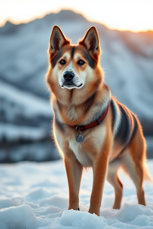 A majestic dog standing on snow with a mountain background during golden hour, captured with a Canon EOS R5, 50mm lens, f/1.8, 1/200s shutter speed, ISO 100, in portrait mode for enhanced depth of field.