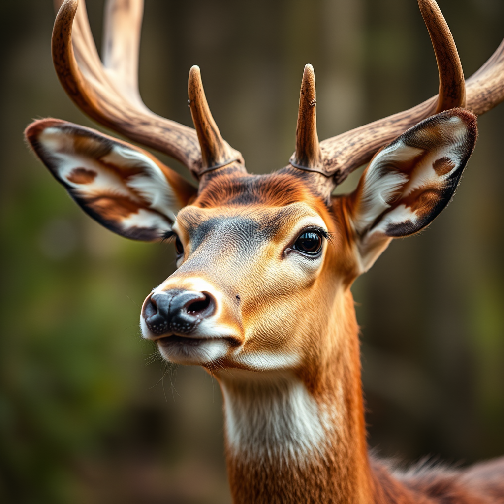 Capture a close-up of a deer with antlers in a natural setting, using a Canon EOS 5D Mark IV with a 50mm lens, aperture f/1.8, ISO 100, shutter speed 1/200s, natural lighting, shallow depth of field for improved focus on the deer.