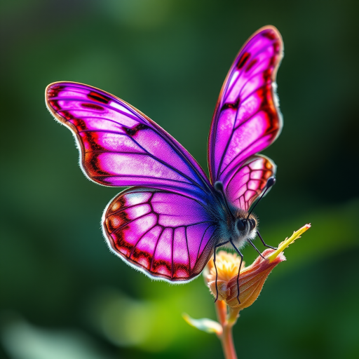 generate a highly detailed illustration of a vibrant purple butterfly with intricate wing patterns, shot with a Canon EOS R5 at 50mm f/1.8, aperture priority mode, natural lighting, focusing on vivid colors and sharp details.