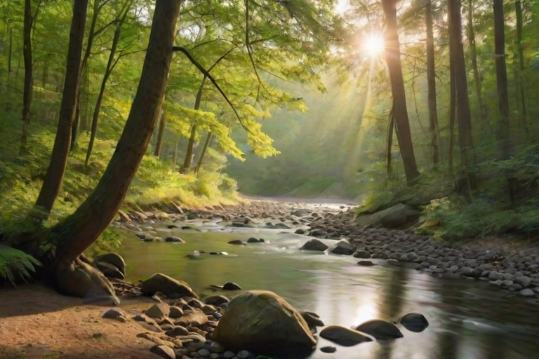 Create an image of a serene, sunlit forest scene with a clear, gently flowing river. Tall trees with lush green foliage line both sides of the river, their leaves bathed in the warm golden light of the setting or rising sun. The sunlight filters through the trees, casting soft, dappled light on the river, which flows over smooth rocks and pebbles, creating a peaceful, natural atmosphere. The sky is bright with a few scattered clouds, and the overall mood is tranquil, evoking a deep sense of connection with nature. The image captures the beauty of a calm, pristine forest landscape at either dawn or dusk.