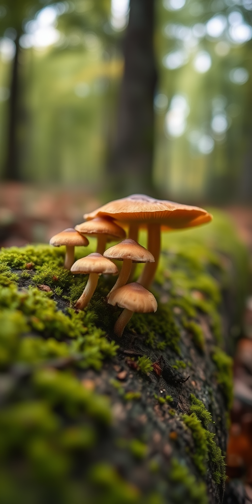 Mushrooms growing on a moss-covered log in a soft-focus forest background, macro shot, f/2.8 aperture, 1/60s shutter speed, ISO 200, taken with a DSLR camera, shallow depth of field for enhanced detail.