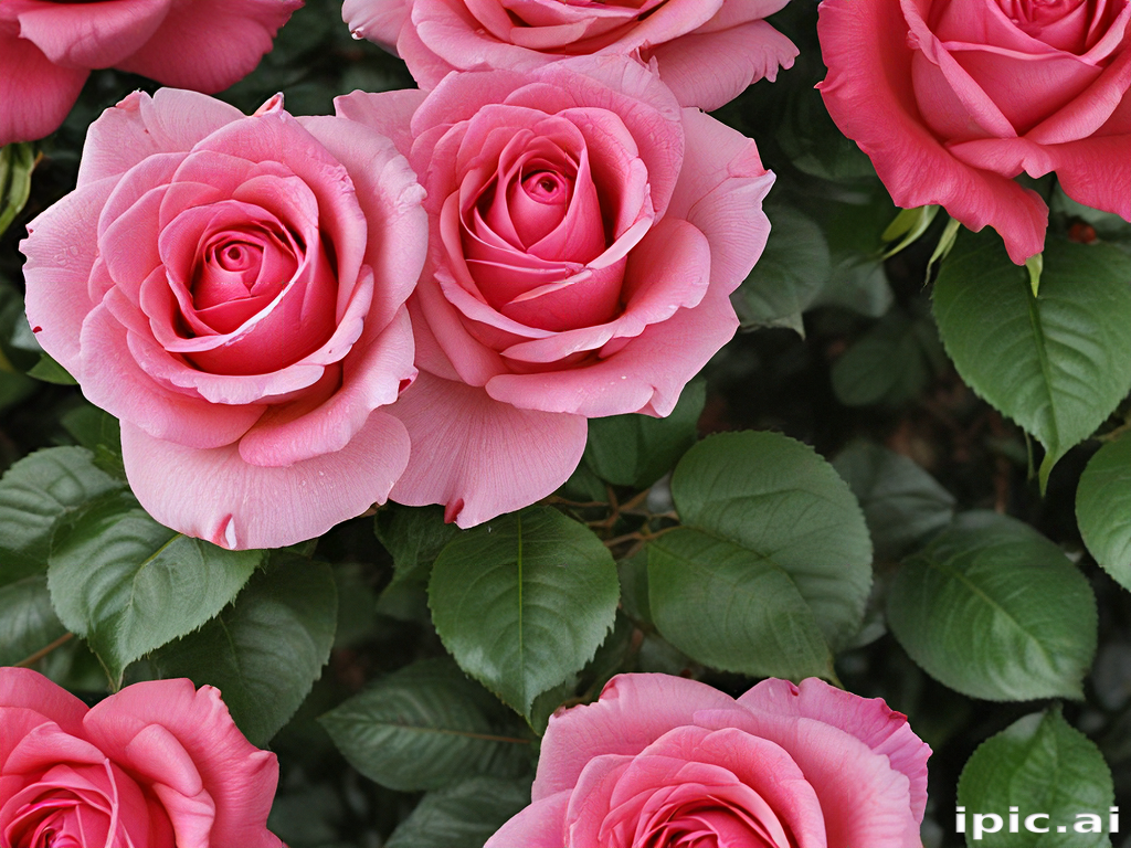 Beautiful Pink Roses Surrounded by Lush Green Leaves in a Garden
