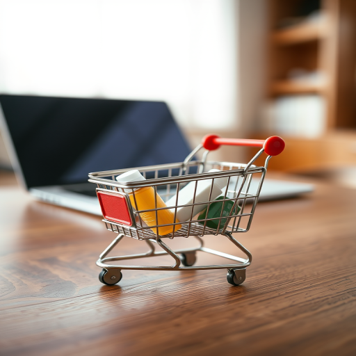 Create a close-up shot of a small shopping cart with products inside on a wooden table, with a laptop in the blurred background, soft natural lighting, aperture f/2.8, shutter speed 1/50 sec, ISO 200, using a DSLR camera with a 50mm lens.