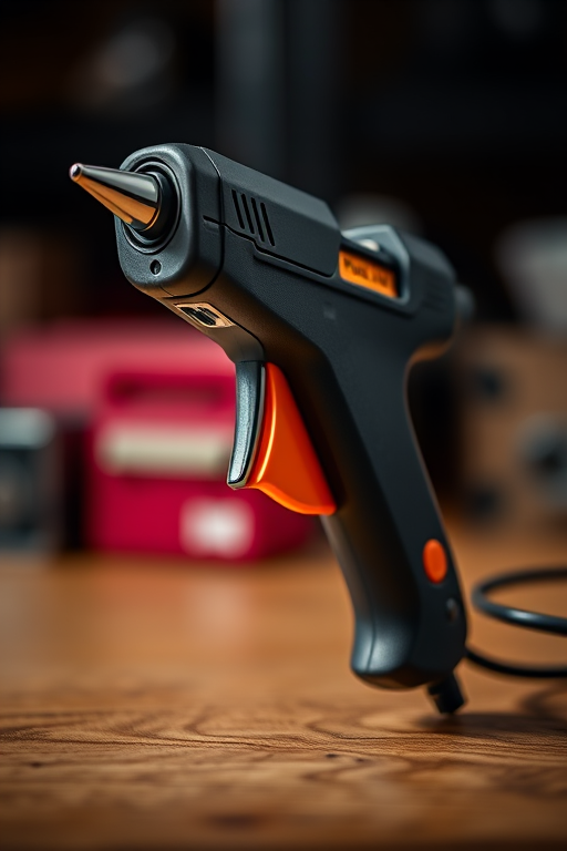 Create a high-resolution image of a hot glue gun with a sleek design, captured in vibrant colors and sharp details, using a DSLR camera with a 50mm lens, aperture set to f/2.8, ISO 100, and a soft focus background for depth.