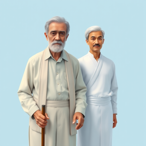 Create a digital illustration of an elderly man with gray hair holding a cane, standing next to a younger man in a white outfit, both against a light blue background, use a Canon EOS R5, 50mm lens, aperture f/1.8, ISO 100, shoot in HDR mode to enhance colors and details.