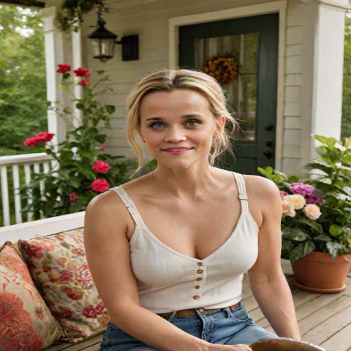 A photo of Reese Witherspoon with a background of a cozy porch. She has dark hair pulled back in an updo, with tendrils framing her face. She wears a white tank top and sits on the porch. The porch is part of a well-lit home with a warm, earthy tone and colorful flowers and foliage. The overall scene has a warm, welcoming, and comfortable ambiance.