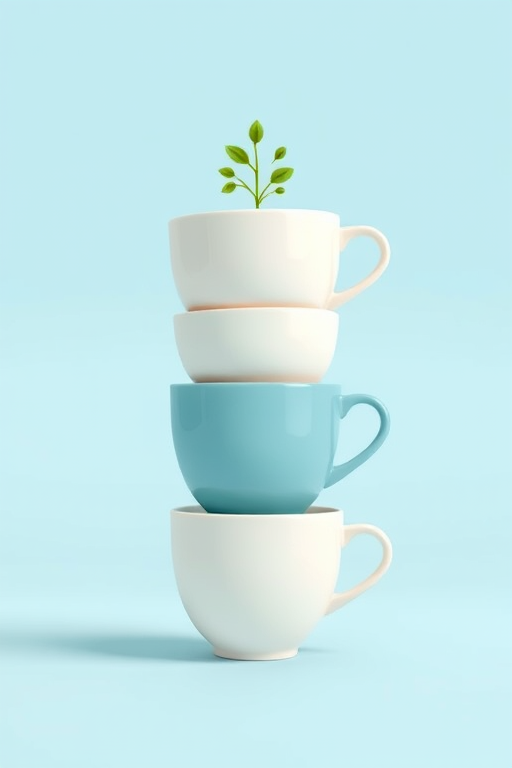 Create an illustration of four stacked cups on a pastel blue background, with the top cup featuring a small plant, using a digital art style; simulate a flat lay view with soft natural lighting settings, focus lens at f/2.8 to create a shallow depth of field, and apply a 50mm camera perspective for enhanced clarity.