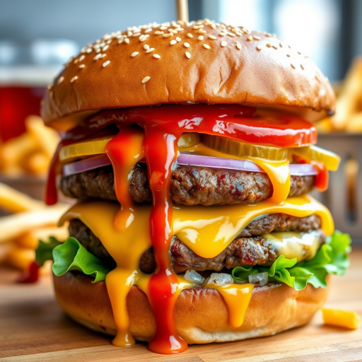 High-resolution, close-up image of a gourmet double cheeseburger. The burger features a glossy, sesame-seed-topped brioche bun. Inside, there are two thick, juicy beef patties, each topped with melted cheddar cheese. The burger is garnished with fresh lettuce, tomato slices, diced onions, and pickles. A generous amount of ketchup and a creamy, orange-colored sauce is dripping down the sides, adding to the mouth-watering appeal. In the background, there are blurred elements including a side of golden French fries and a hint of a beverage, enhancing the overall presentation of a delicious meal.