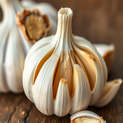 Create a highly detailed and realistic image of a garlic bulb with separated cloves, photographed with a Canon EOS R5 at f/2.8, 50mm lens, in natural soft light, with a shallow depth of field to enhance texture and clarity.