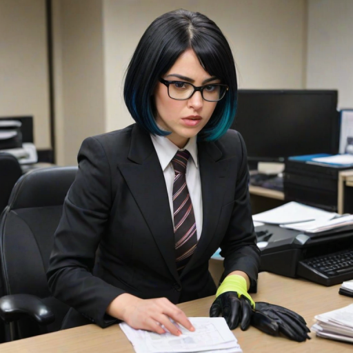 "1girl, solo, angry, black clothing, suit, tie, gloves, black hair, hair covering eye, bob haircut, partial fade, multicolored hair, long hair, glasses, open mouth, office, photocopier,