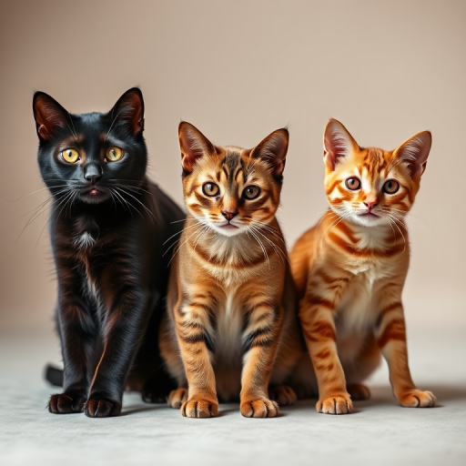 Capture a high-resolution image of three cats, including a black cat, a Siamese cat, and an orange tabby, arranged in a dynamic pose against a soft-focus background, using a DSLR camera with a 50mm lens, aperture at f/2.8, ISO 100, and a shutter speed of 1/200s for sharp details and vibrant colors.