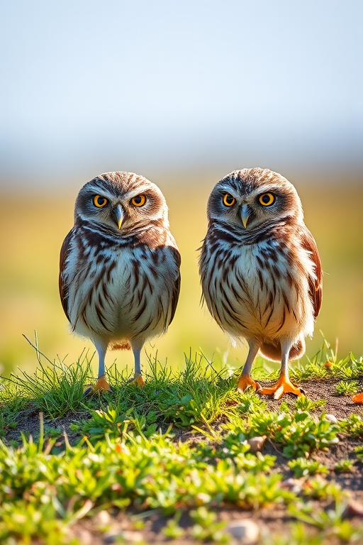 Generate a high-resolution image of two burrowing owls standing on a grassy ground, captured with a Canon EOS R5 at f/2.8, 1/500 sec, ISO 400, using a 50mm lens in natural light for a vibrant and detailed look.