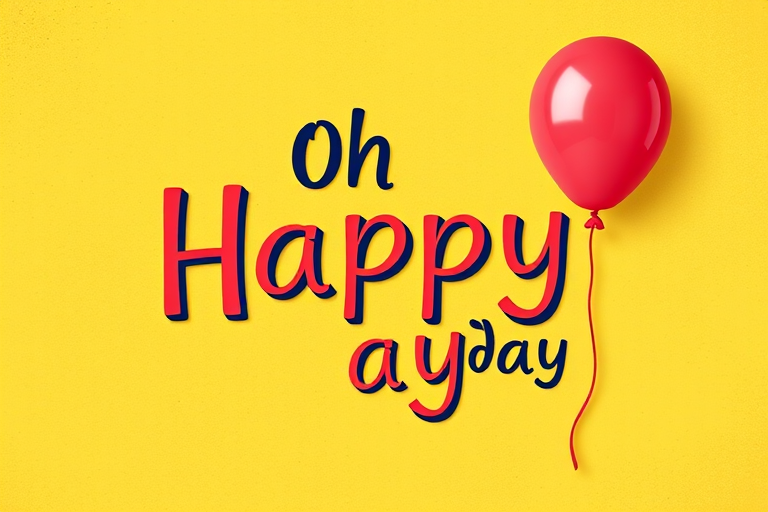 Create a cheerful design featuring the phrase "Oh Happy Day" in a playful font with a balloon, set against a warm textured background, with a 50mm lens, f/2.8 aperture, ISO 100, soft lighting and a shallow depth of field for enhanced image quality.
