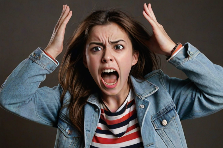 detailed edges, detailed image, perfection style, A cinematic detailed image of a screaming angry woman with a surprised look on her face holding her head with bother her hands, movie themed, sharp, detailed background, epic cinematic photography, artistic style, dramatic light style, cinematic color style, Kodak 35mm film style, detailed style, hand focus style, 1girl, solo, long hair, looking at viewer, open mouth, simple background, brown hair, shirt, white background, brown eyes, jacket, upper body, teeth, striped, denim, blue jacket, striped shirt, realistic, horror (theme), screaming, hands on own head, denim jacket, lips, wide-eyed, striped clothes, traditional media