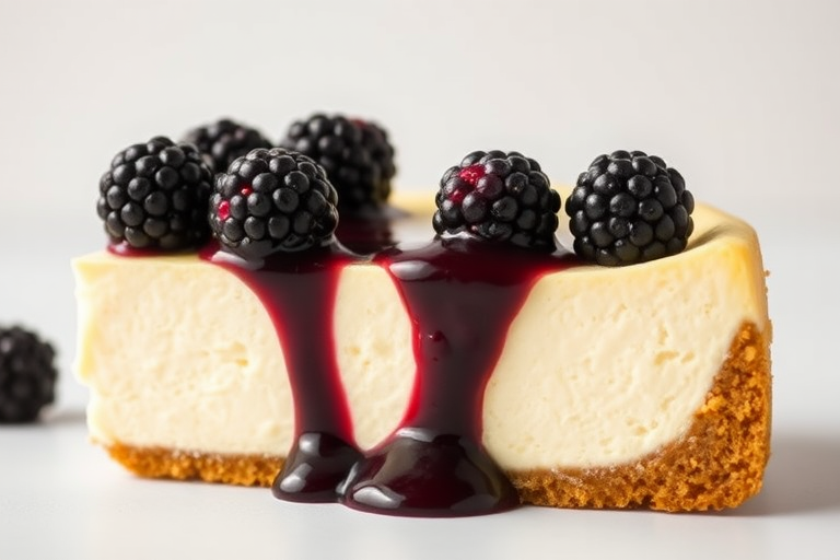 Create an image of a slice of cheesecake with a creamy white filling and a crumbly golden crust topped with a glossy blackberry sauce and fresh blackberries arranged on top against a light background.