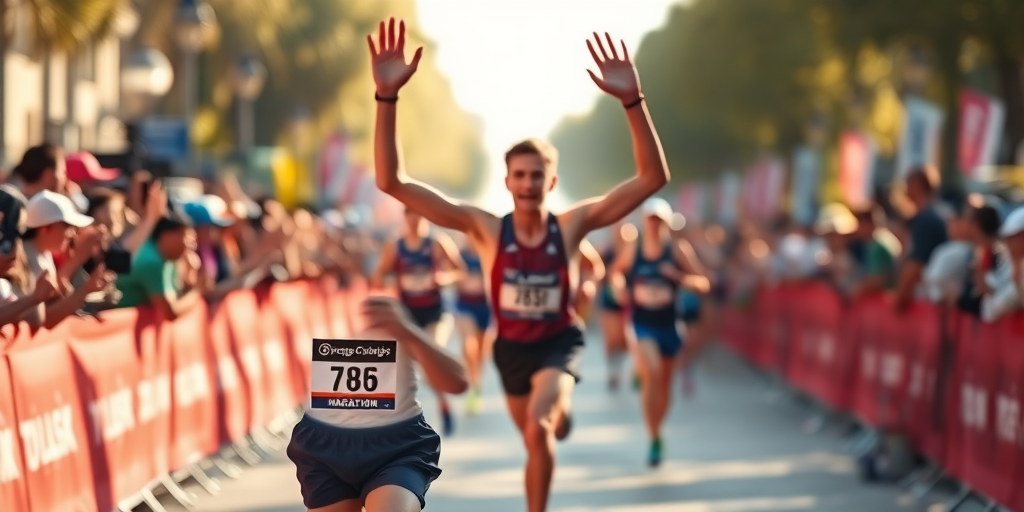 Blurry, fast-paced image of a marathon runner crossing the finish line, sweat glistening on their face, arms raised in triumph, the crowd in the background cheering, soft sunlight casting long shadows on the ground, a blur of other runners behind.