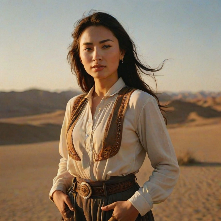 Dramatic photo of a beautiful Uyghur woman, classic cowboy attire, confident and free spirit expression, half-length portrait, centered, golden hour desert landscape, warm, diffused light, low angle, medium format film camera, in style of Annie Leibovitz.
