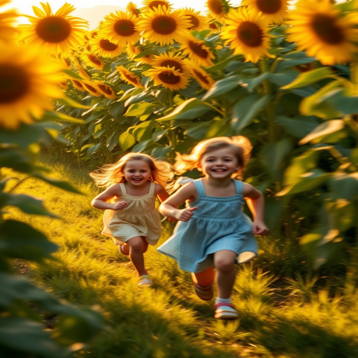 Blurry action shot of children running through a sunflower field, the flowers towering above them, golden light from the setting sun casting long shadows, and the sound of joyful laughter.