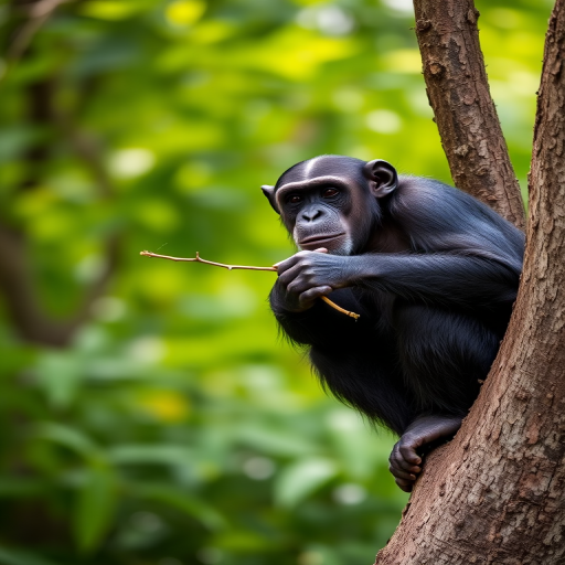 chimpanzee sitting on a tree trunk holding a twig with a blurred green background, taken with a Canon EOS-1D X Mark III, aperture f/2.8, shutter speed 1/500s, ISO 200, portrait orientation, shallow depth of field.