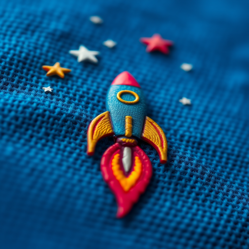 regenerate a textured blue fabric featuring a rocket and stars, macro view, f-stop 2.8, shutter speed 1/60, ISO 100, natural light, DSLR camera