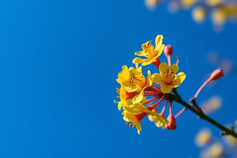 Close-up of a branch with bright yellow flowers against a clear blue sky, DSLR camera, f/2.8 aperture, 1/500 sec shutter speed, ISO 100, natural sunlight, macro lens, shallow depth of field.