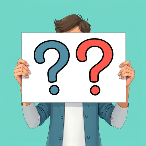 Create an illustration of a person holding a sign with two large question marks, use a bright teal background, employ a DSLR camera with a 50mm lens, aperture set to f/2.8 for a shallow depth of field, ISO 100, taken from a slightly lower angle to emphasize the sign, and simulate a soft focus effect.